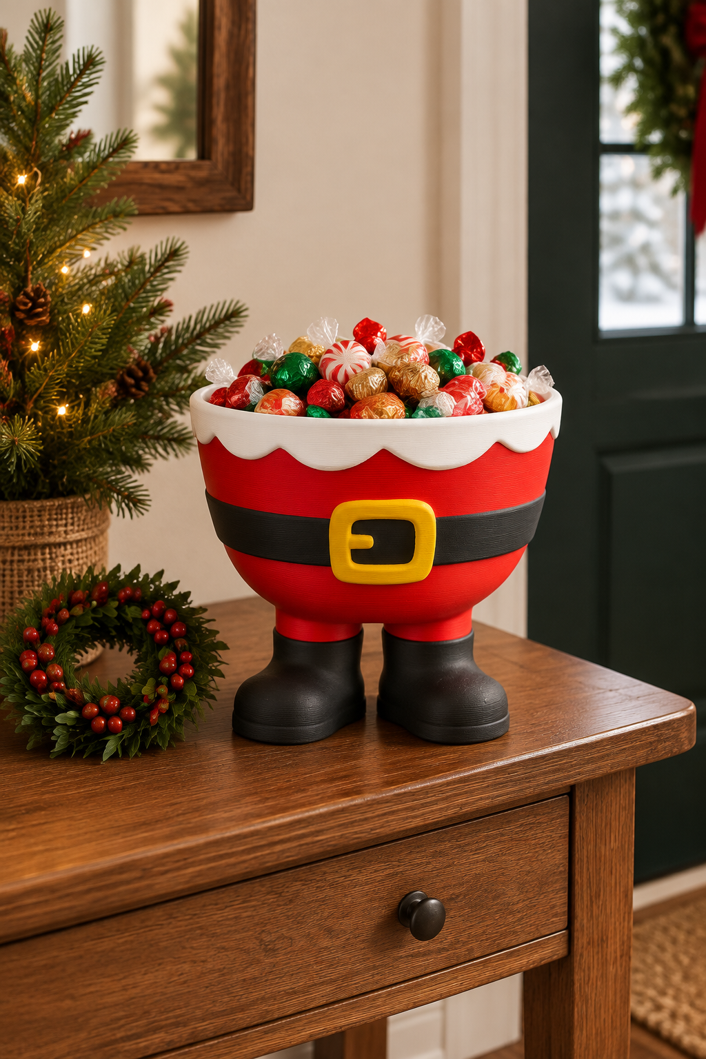 Santa sweet bowl styled on an entryway console with a small wreath