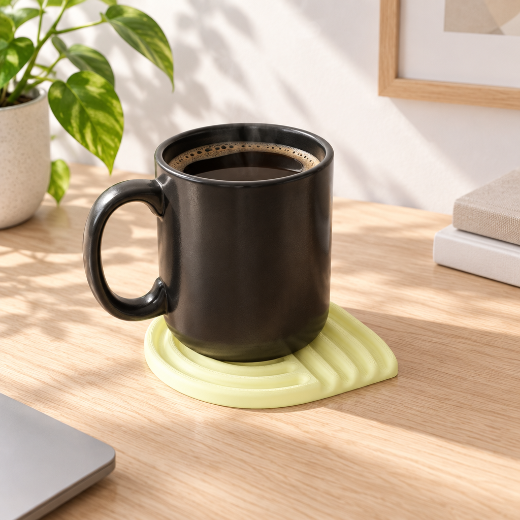 Pastel yellow looped coaster with a black mug on a light oak desk in morning light