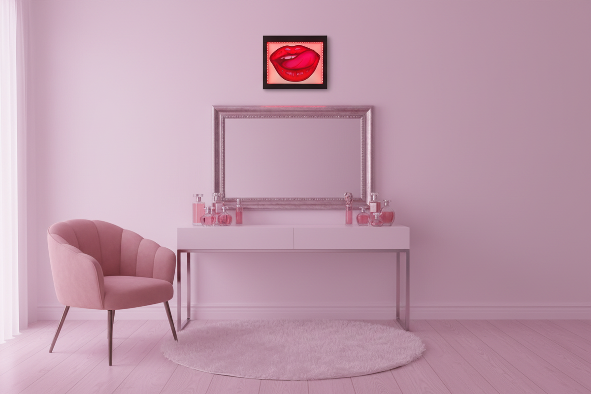 Lips shadow box displayed in a glamorous boudoir with vanity mirror and soft pink lighting