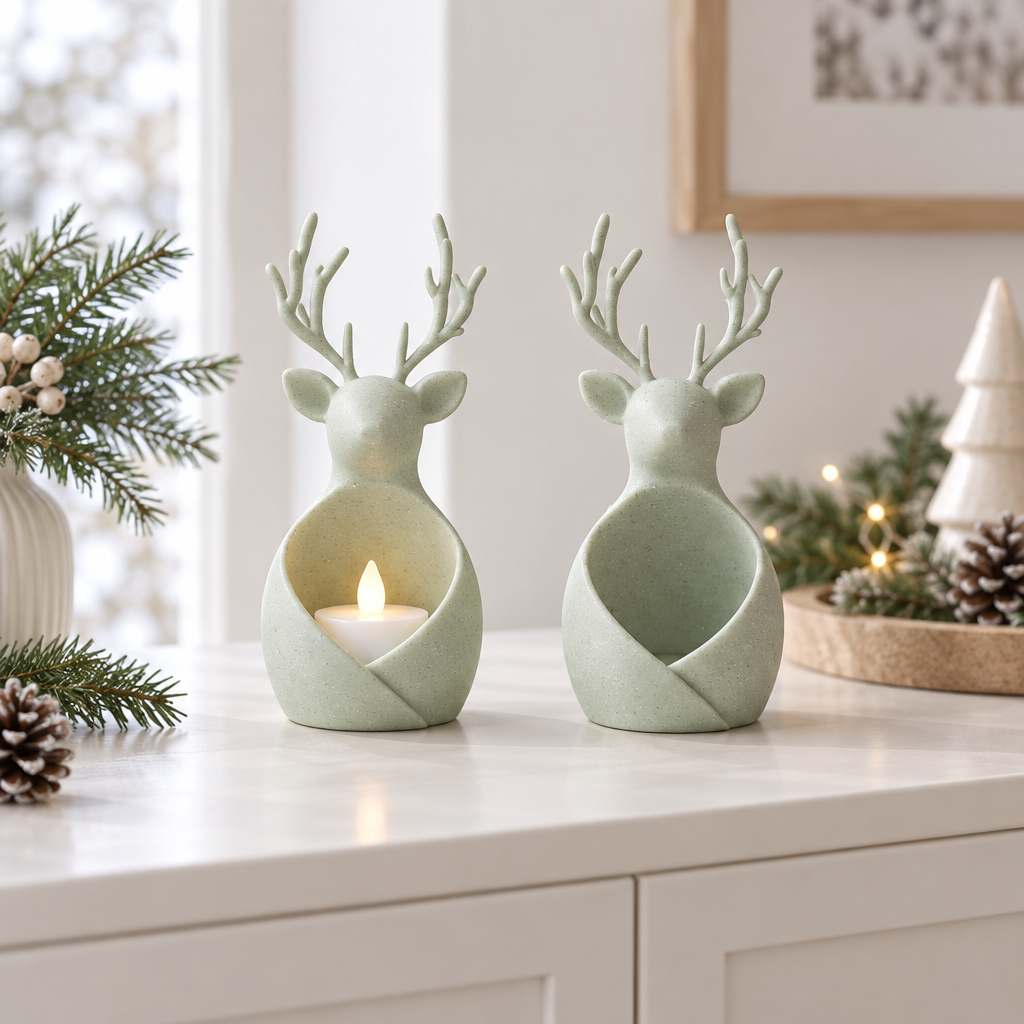 Green reindeer tealight holders styled on a bright Christmas sideboard