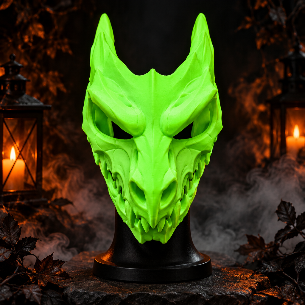 Neon green Dragon Skull mask in a Halloween display, strap not included