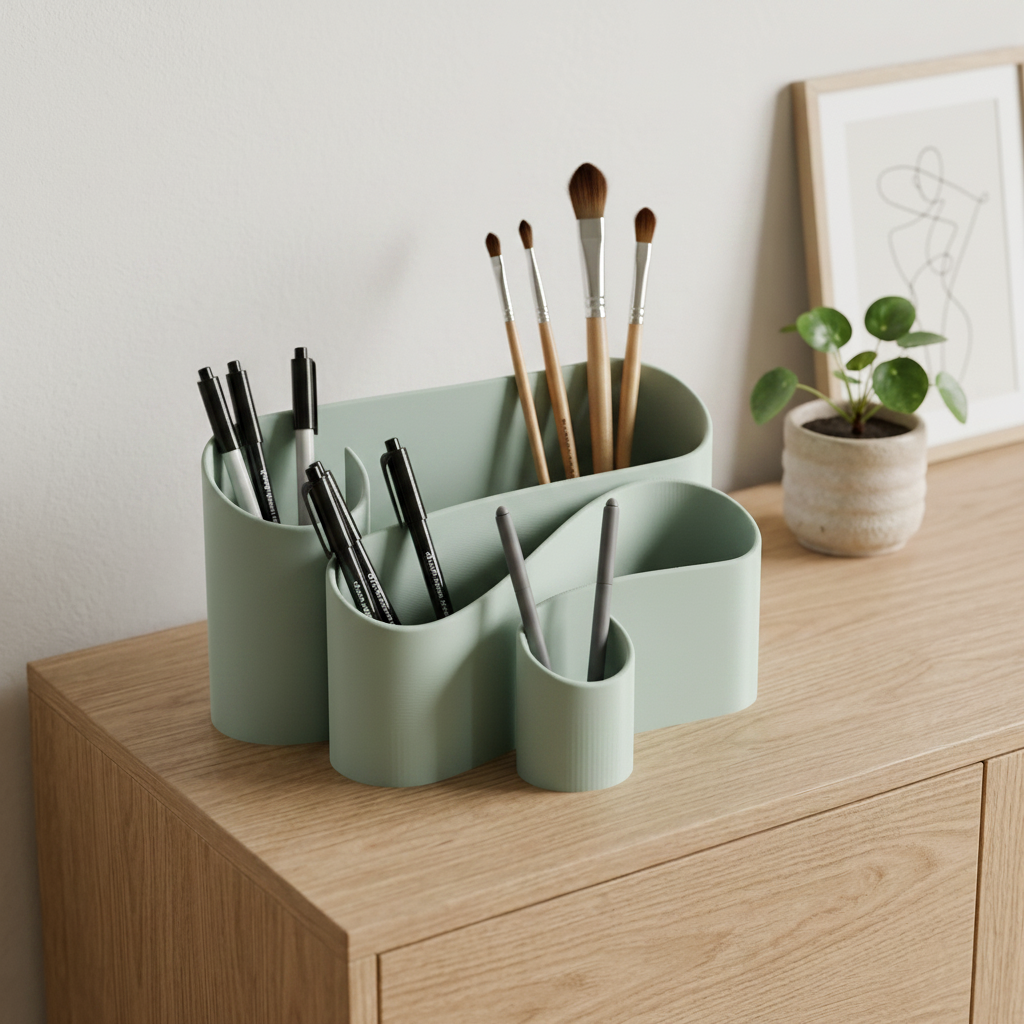 Fluid Desktop Organizer - sage green oak desk with pens