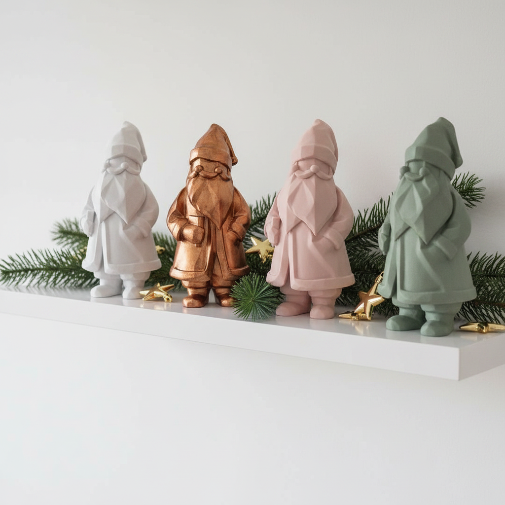 Collection of Santa sculptures in white copper pink sage on shelf Christmas shelfie lifestyle