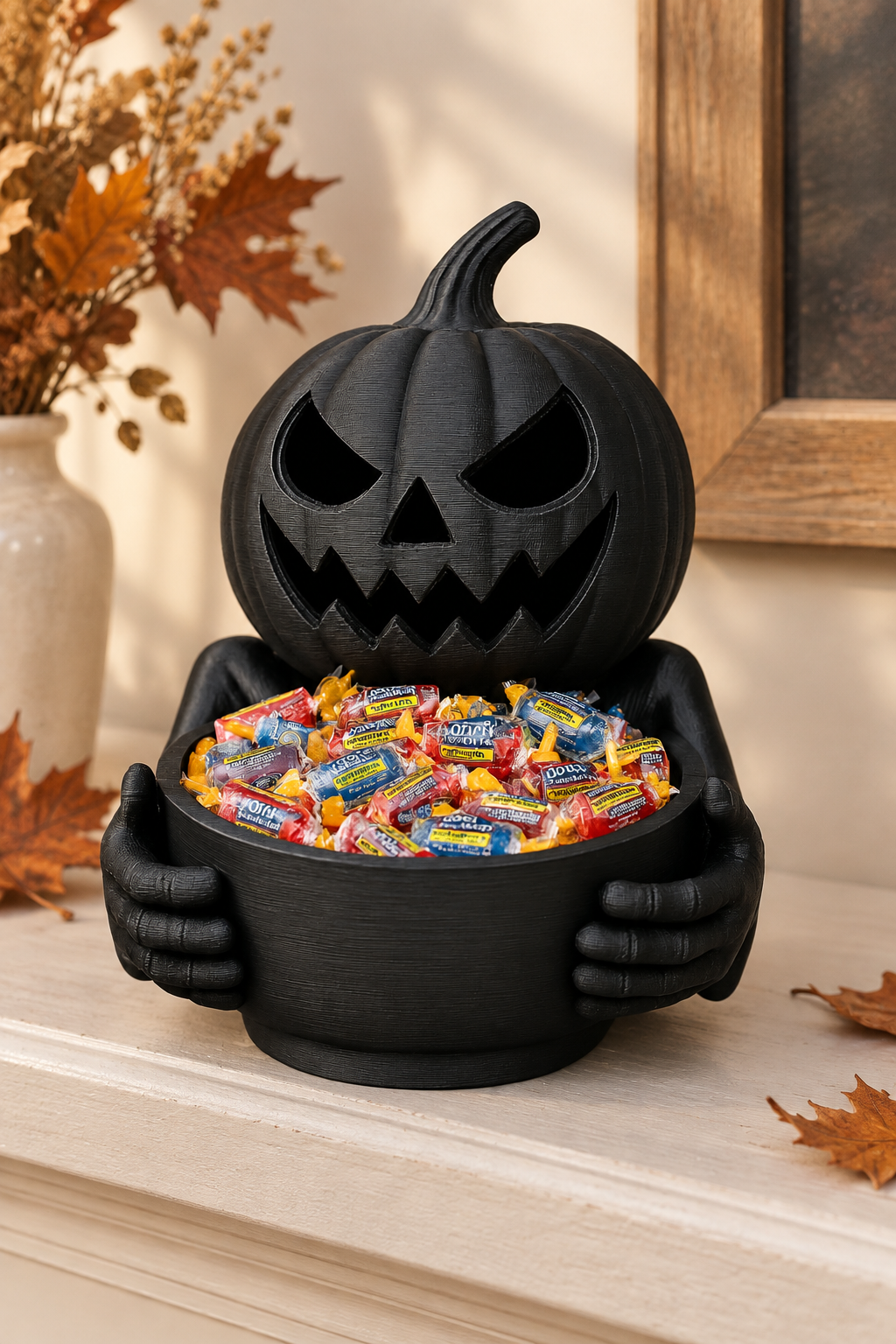 Black pumpkin sweet tray on an autumn mantel with wrapped treats