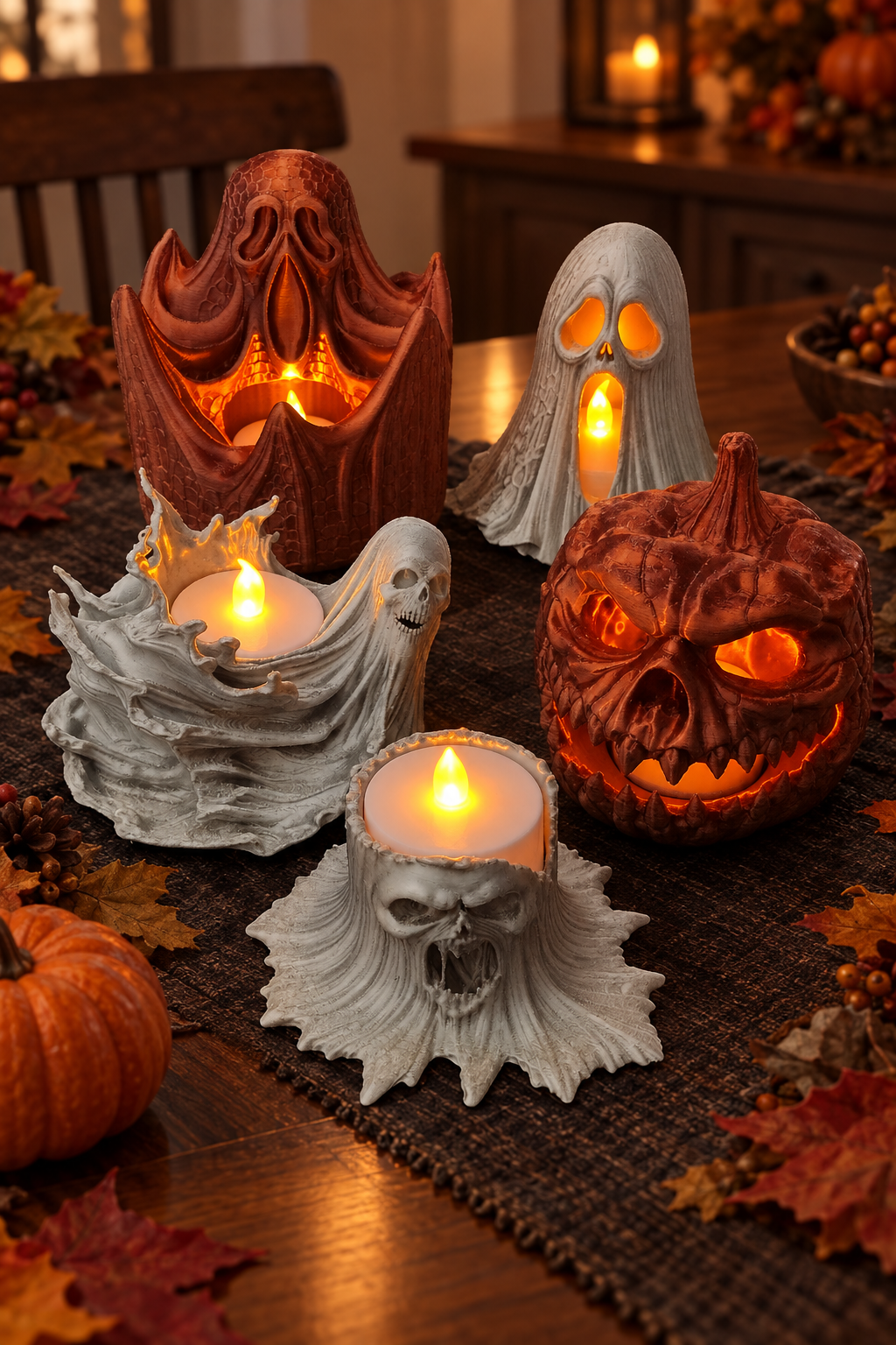 Five horror tealight holders arranged together on a dining table with pumpkins and autumn leaves