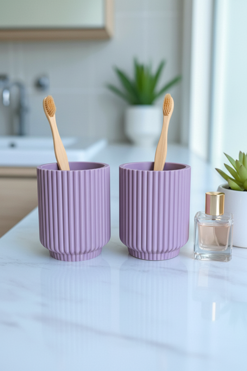 Lavender purple ribbed toothbrush cup set on marble counter with bamboo toothbrushes, perfume bottle and plant
