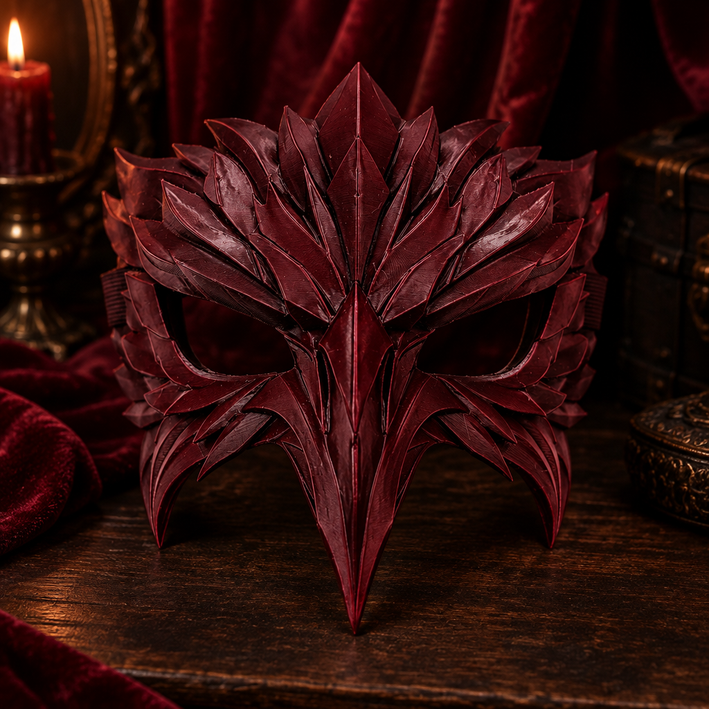 Burgundy raven mask in a gothic photo-shoot scene, strap not included