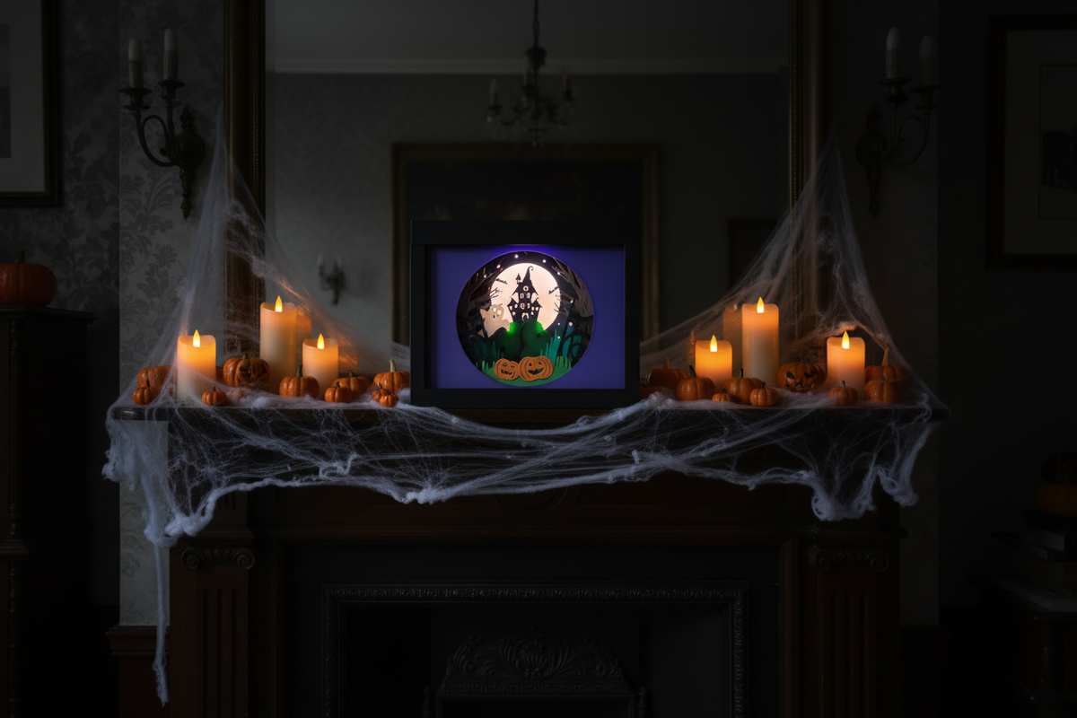 Halloween shadow box glowing purple on a Halloween mantelpiece with candles and cobwebs