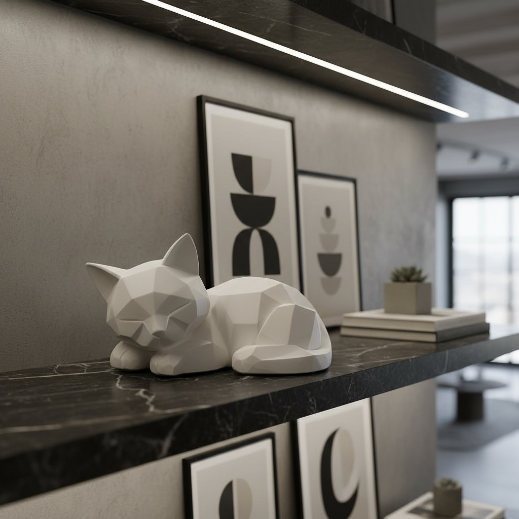 Matte white Low-Poly Sleeping Kitten Sculpture on a dark marble shelf with gallery lighting