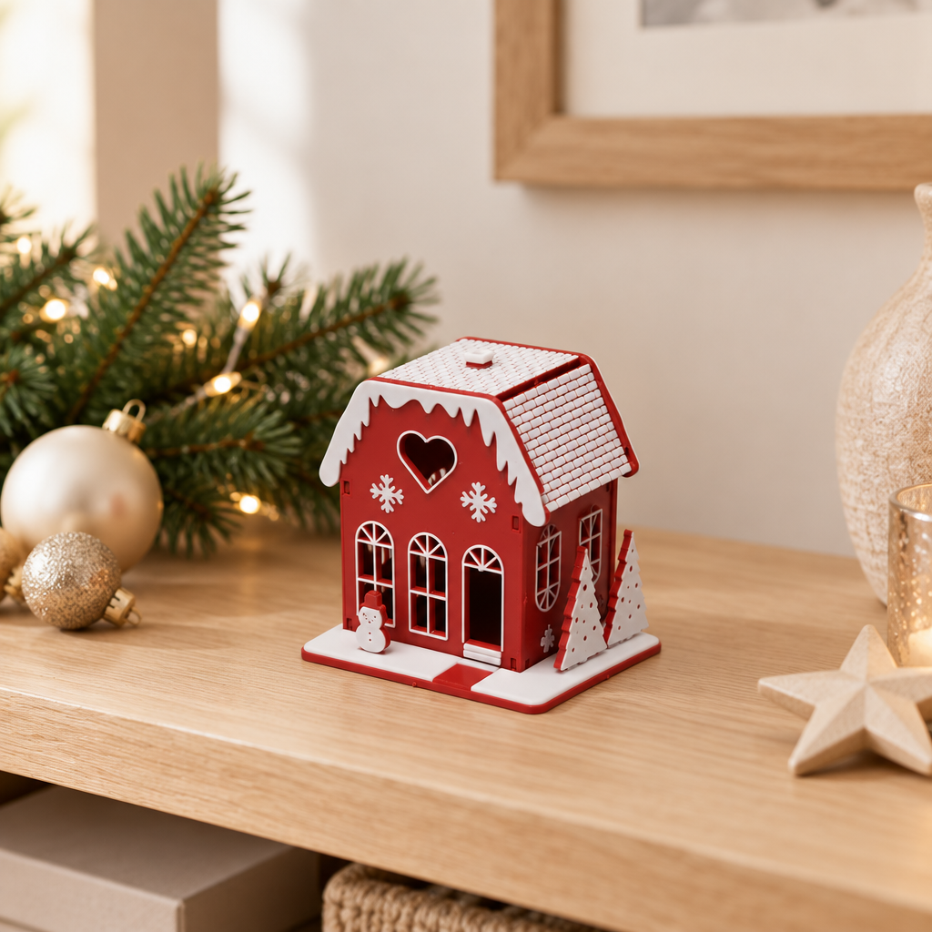 Red miniature Christmas house styled on a bookshelf with subtle festive decor