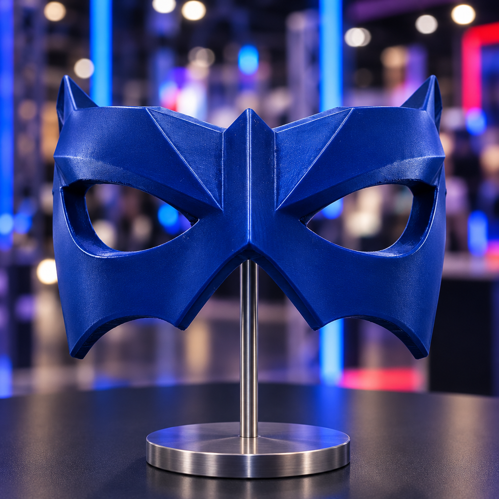 Blue geometric Shadow Sentinel mask at a cosplay display, strap not included