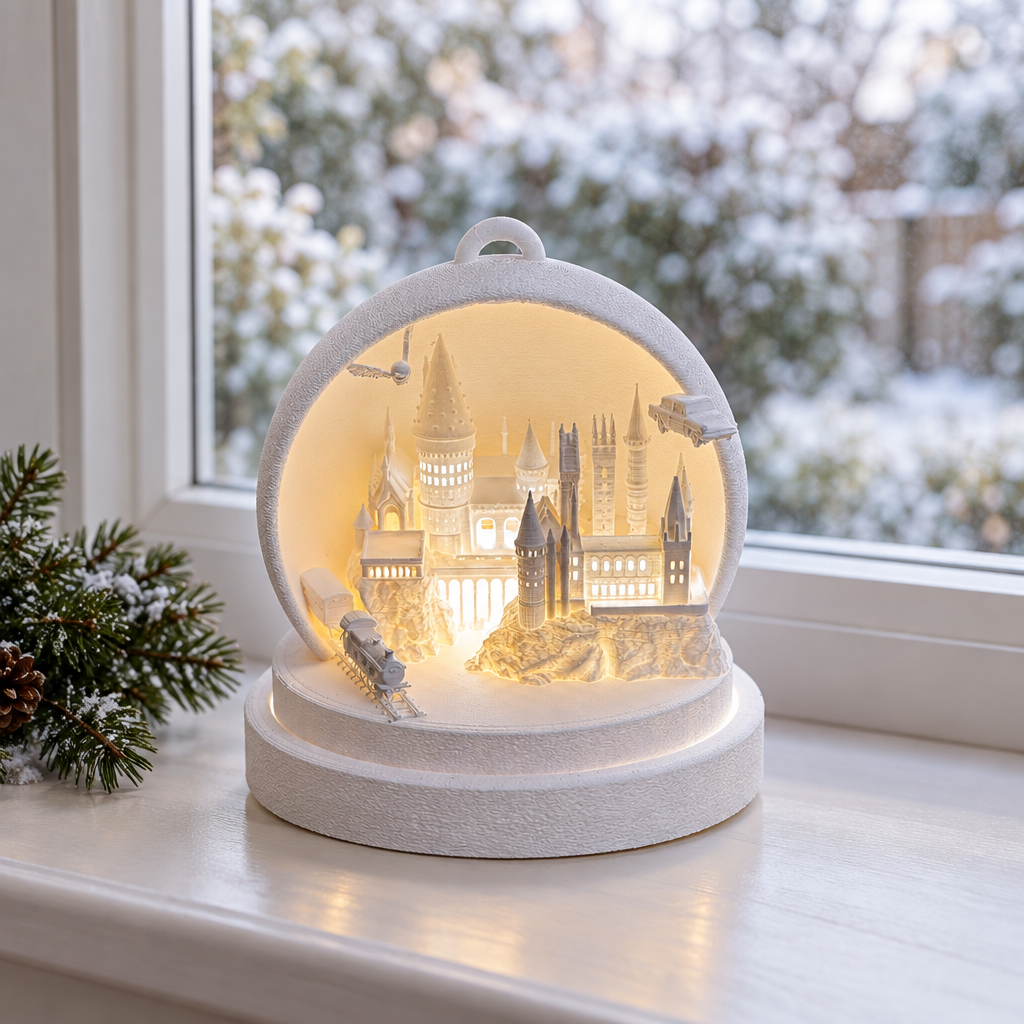 Cathedral Tealight Holder on a windowsill with a softly blurred winter garden