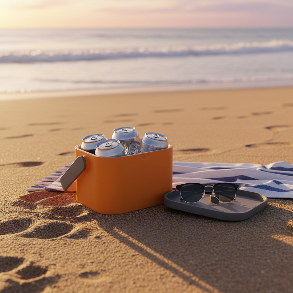 Freezable Four-Can Cooler Box - Orange colourway on beach at sunset