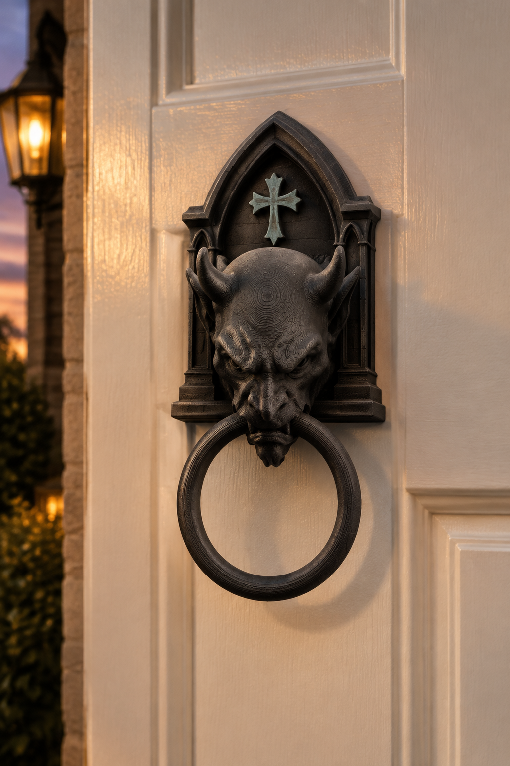 Gargoyle door knocker on cream front door at dusk