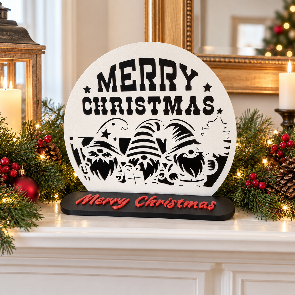 Merry Christmas Gonk topper displayed on a Christmas mantel