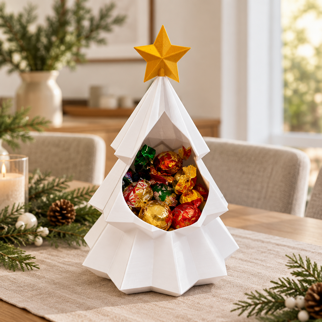 White Christmas tree snack bowl used as a dining table centrepiece with wrapped treats