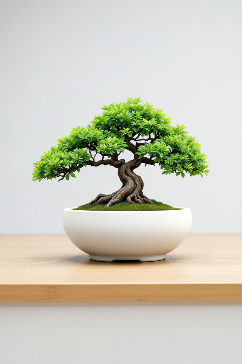 Minimalist Bonsai Pot with bonsai tree on a home office desk