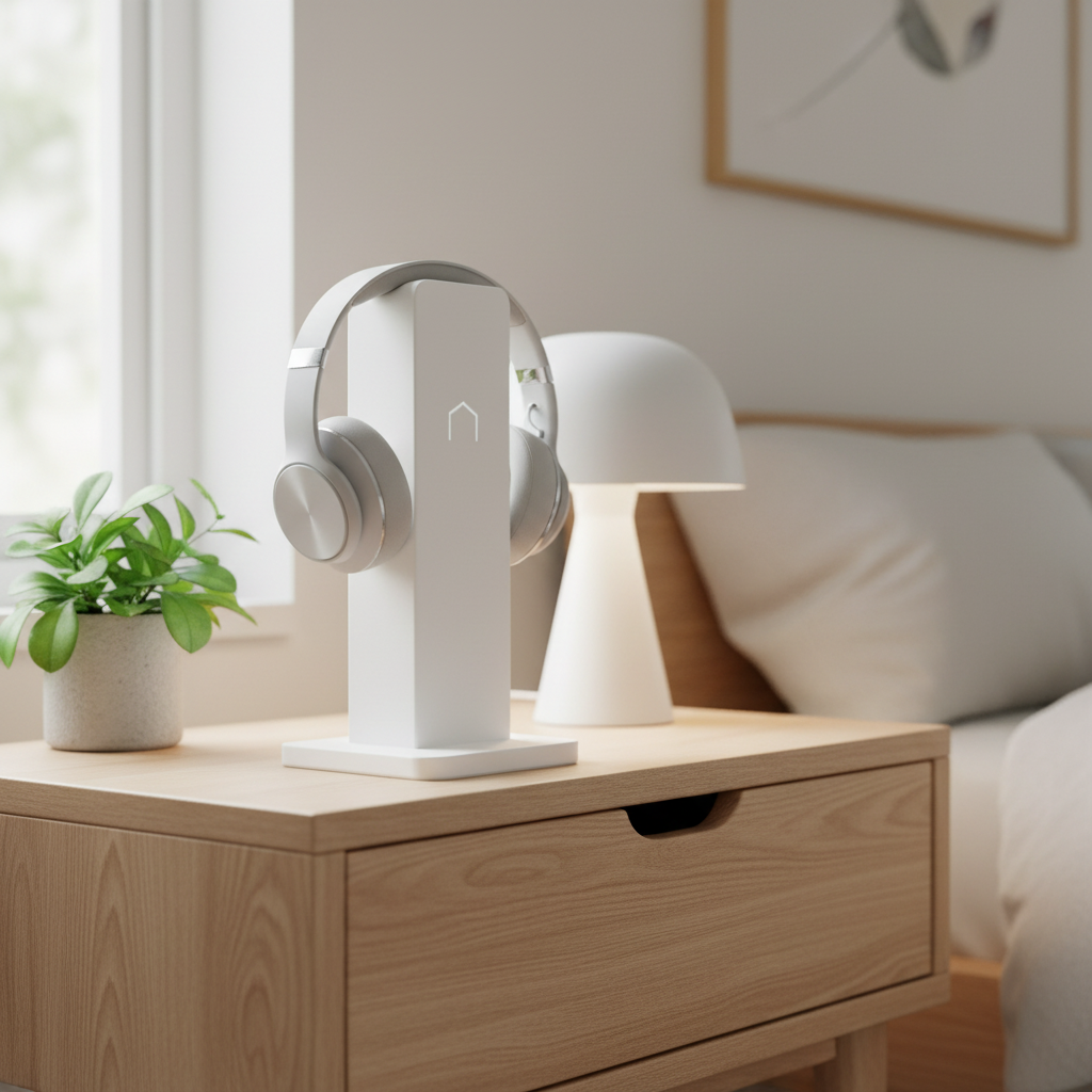 Minimalist Headphone Holder - white colourway on Scandinavian bedside table with lamp
