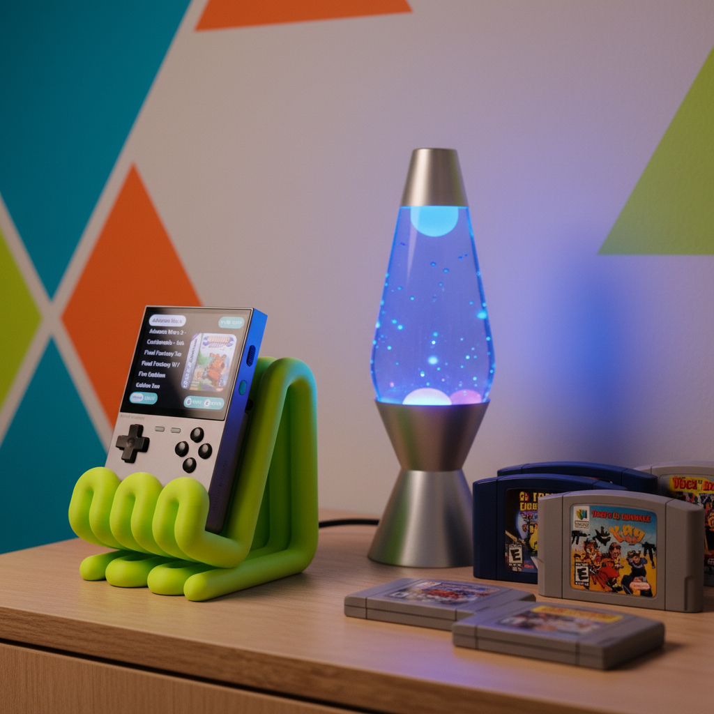 Wibble Stand neon green on gaming shelf with retro cartridges