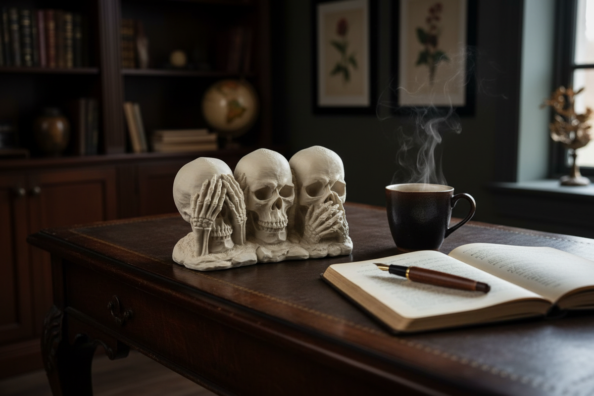 See No Evil Hear No Evil Speak No Evil Skull sculpture on a dark academia desk