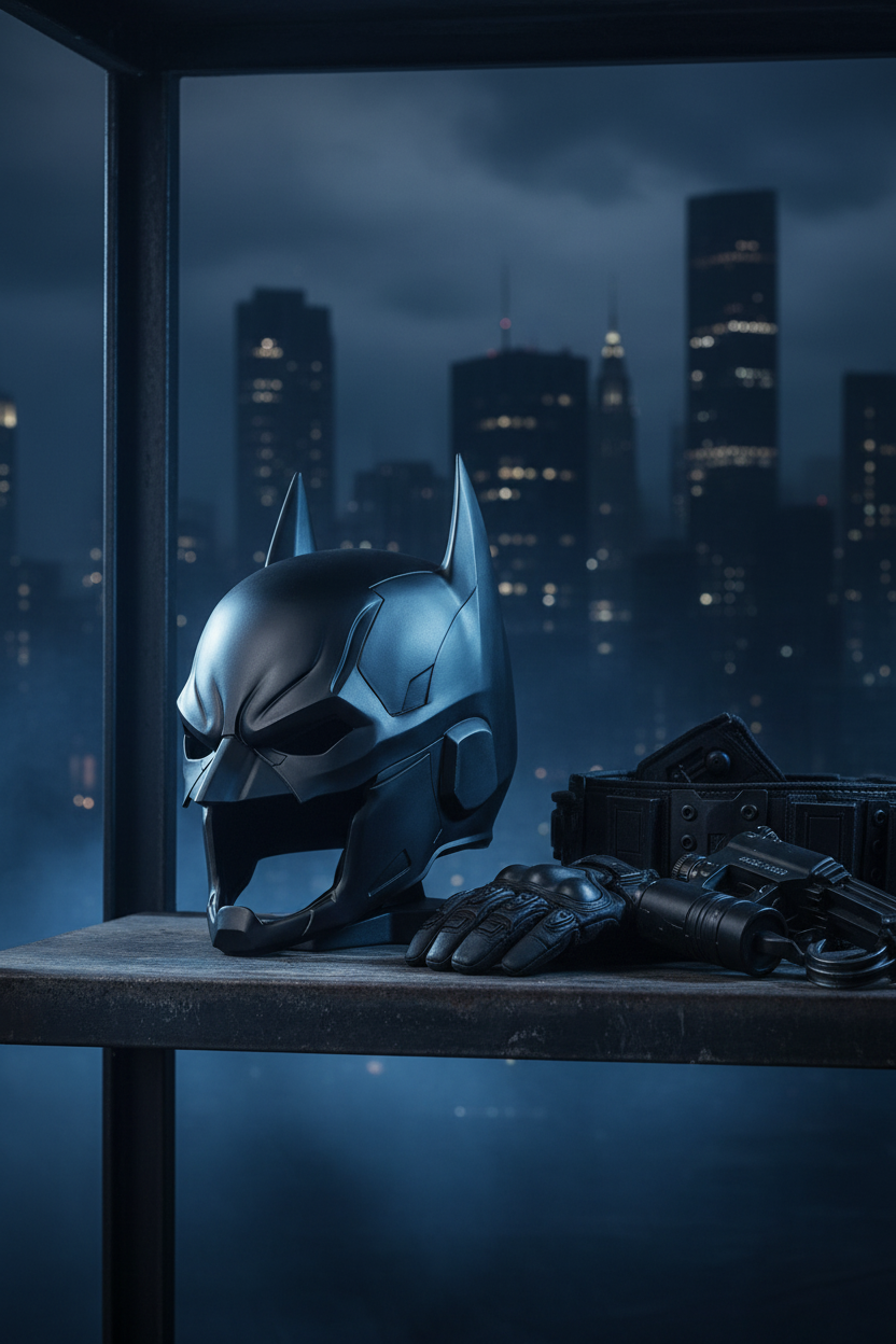 Batman cowl helmet replica sculpture black matte twin bat ears angular visor jaw guard display base dark industrial steel shelf dim blue accent lighting Gotham City mood portrait
