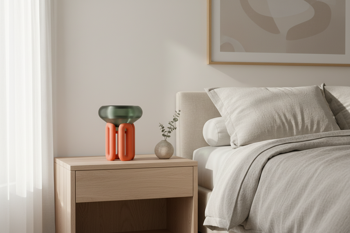 Coral Wibble Base Lamp with translucent green shade on a bedside table