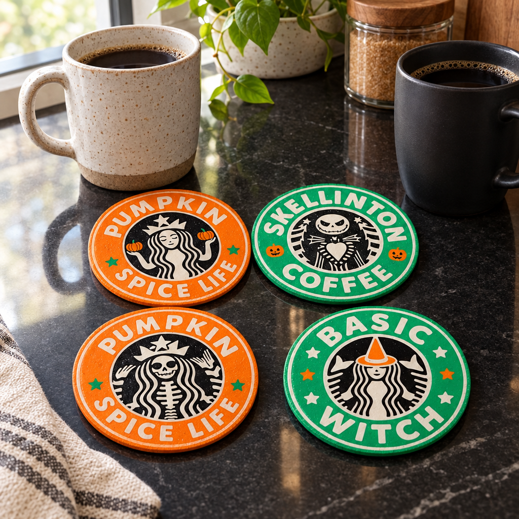 Four colourful finished Halloween coffee coasters styled with mugs in a modern kitchen