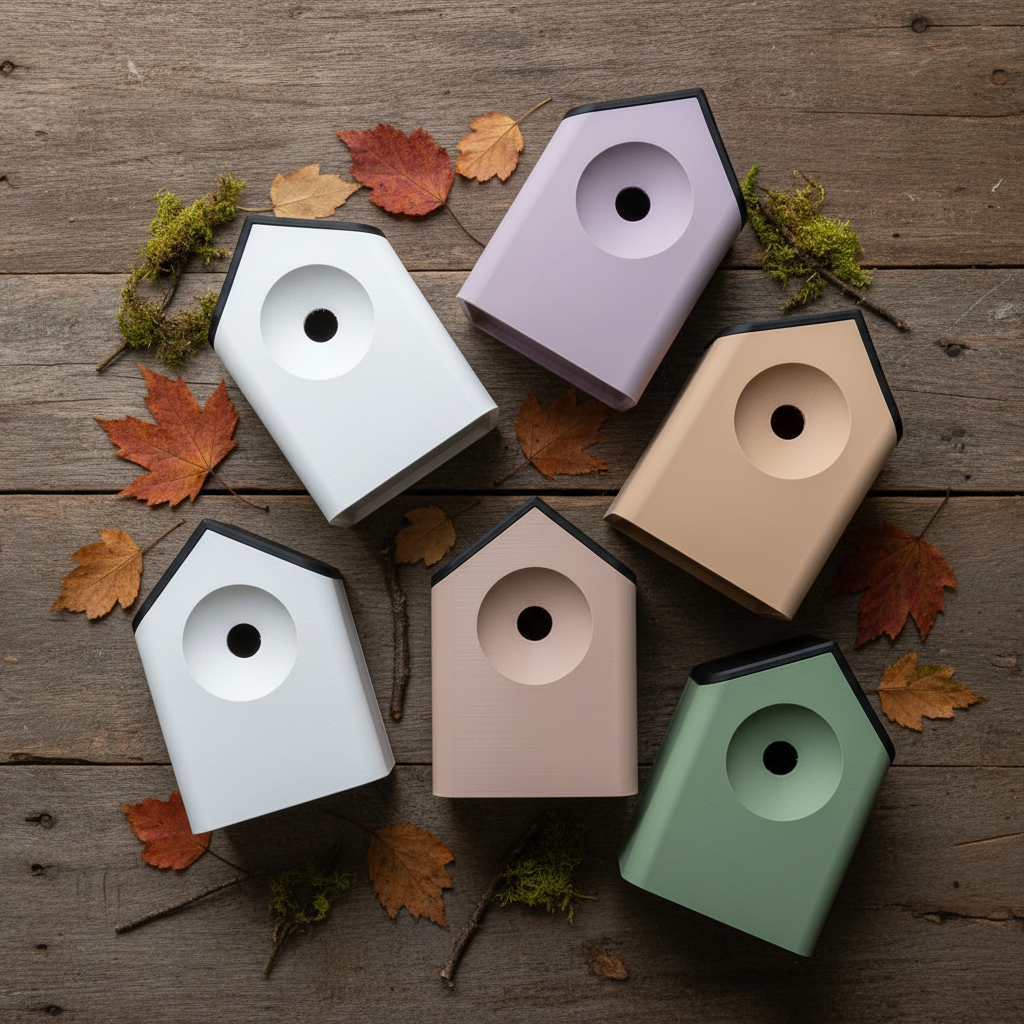 Multi-colour minimalist bird houses flat lay - lifestyle