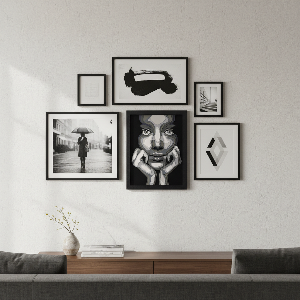 The Girl in Layers shadow box displayed as part of a curated gallery wall with black and white photography prints