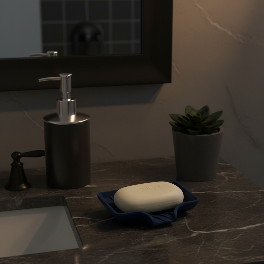 Navy blue curved soap dish on dark marble bathroom counter with luxury bar of soap and soap dispenser