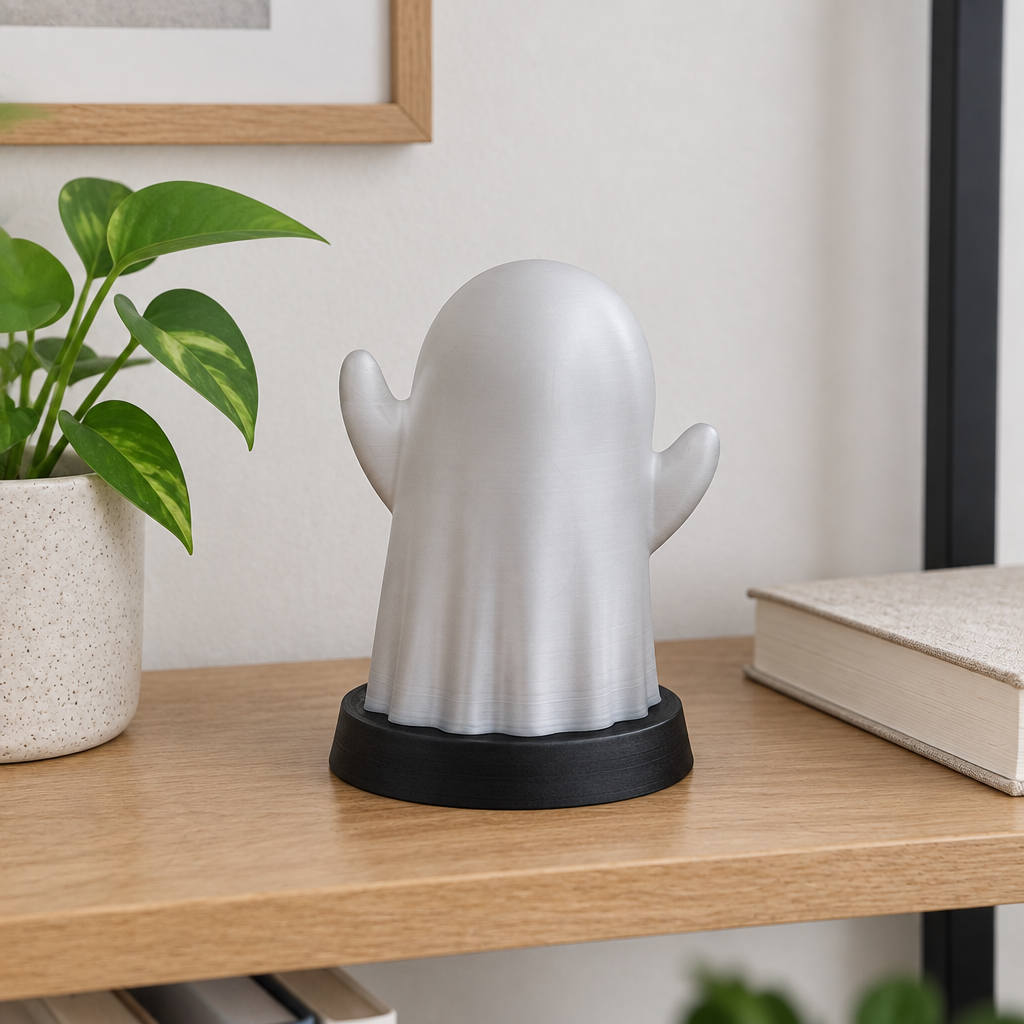 Smooth featureless gray Ghost Lamp switched off on a home-office shelf