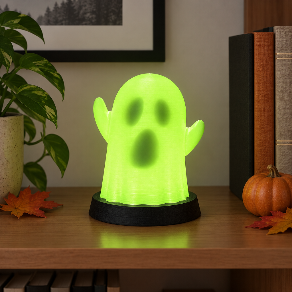 Neon Green Ghost Lamp glowing with its face revealed on a bookshelf