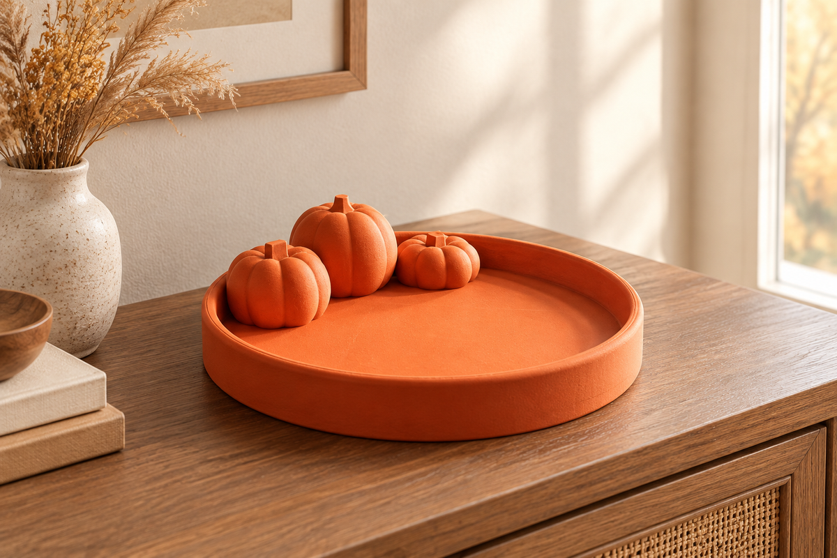 Orange Pumpkin Tray displayed on a minimalist entryway console