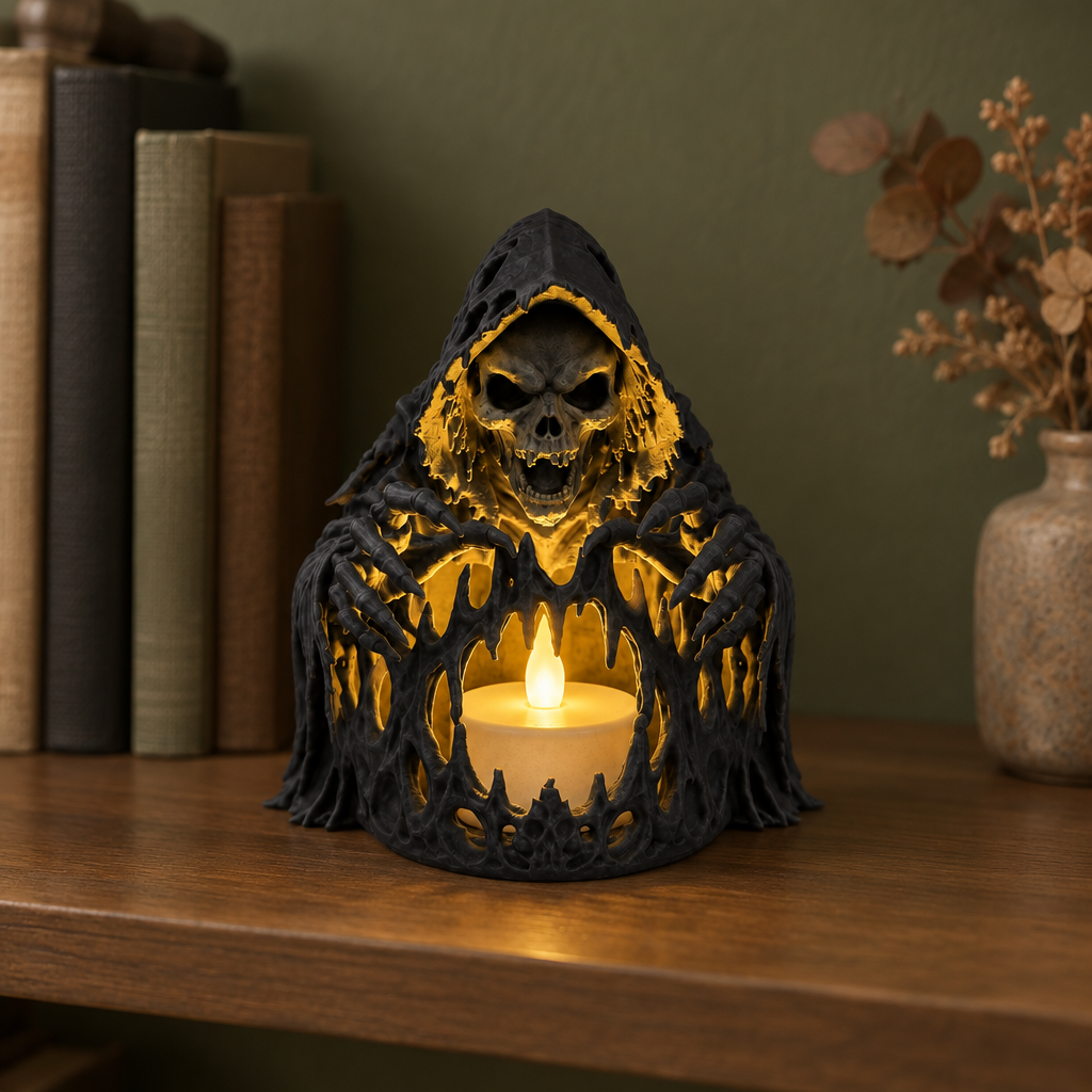 Black hooded skeleton tealight holder displayed on a living-room bookshelf against an olive wall