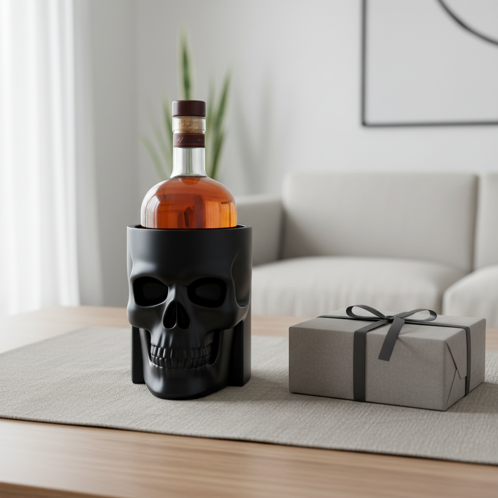 Skull bottle cooler with bottle beside a wrapped gift box