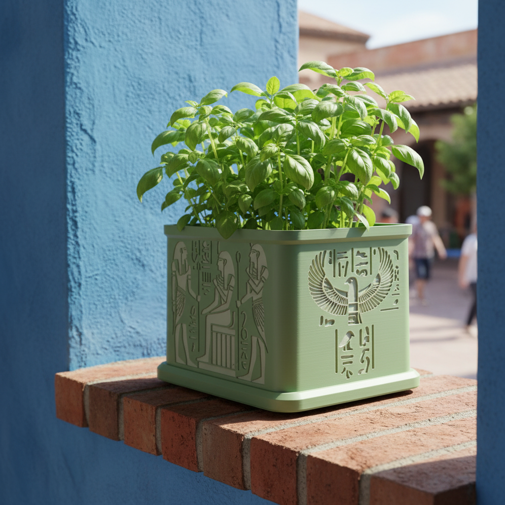 Sage green King Tut shrine plant pot with fresh basil on a rustic brick windowsill with a blue painted wall