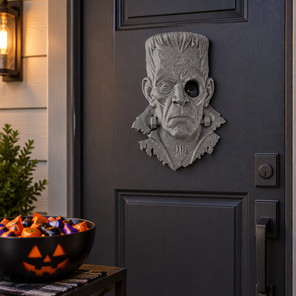 Frankenstein peephole decoration at Halloween entrance