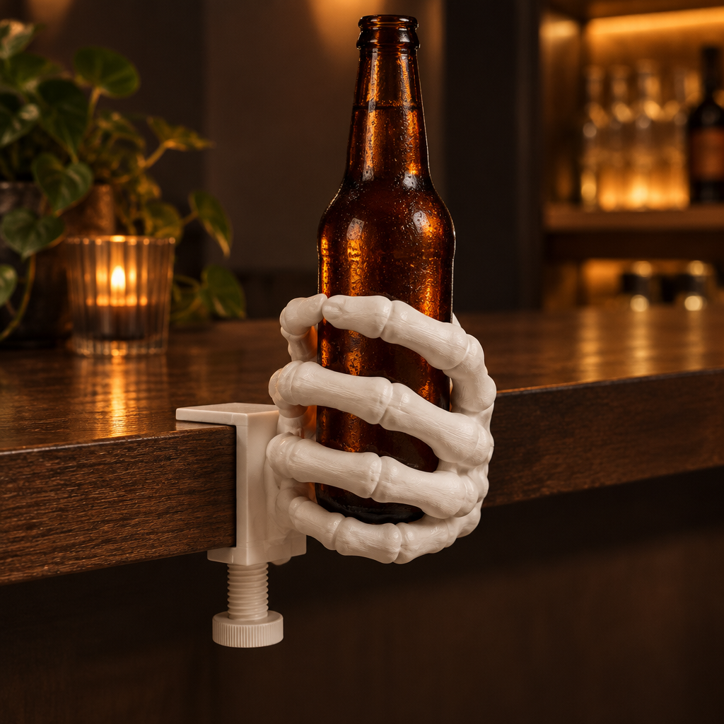 White skeleton hand holder clamped to a bar shelf with an amber bottle
