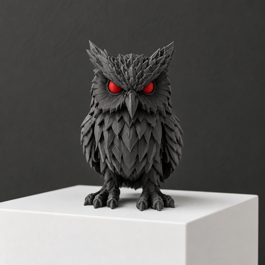 Crimson Watcher Owl on white display plinth