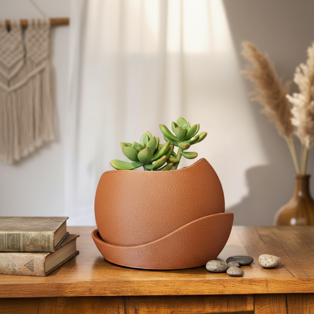 Terracotta brown shark skin plant pot with a small succulent on a rustic wooden boho shelf