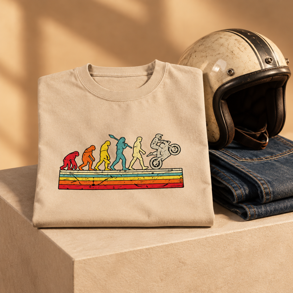 Beige Evolution of the Motorcyclist T-shirt in a studio campaign setting