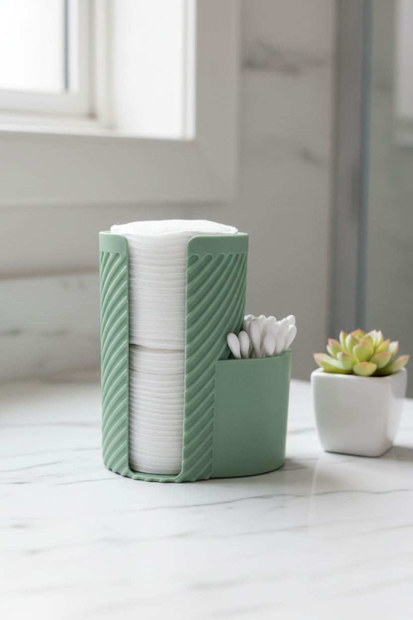 Sage green MakeUpMate organizer on marble countertop with cotton pads and cotton buds, succulent beside it