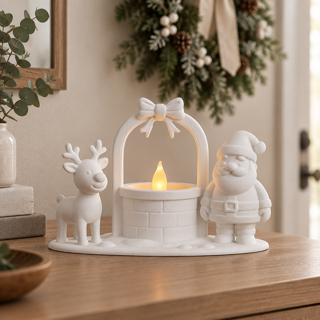 Santa and reindeer tealight well scene on an entryway console with a winter wreath
