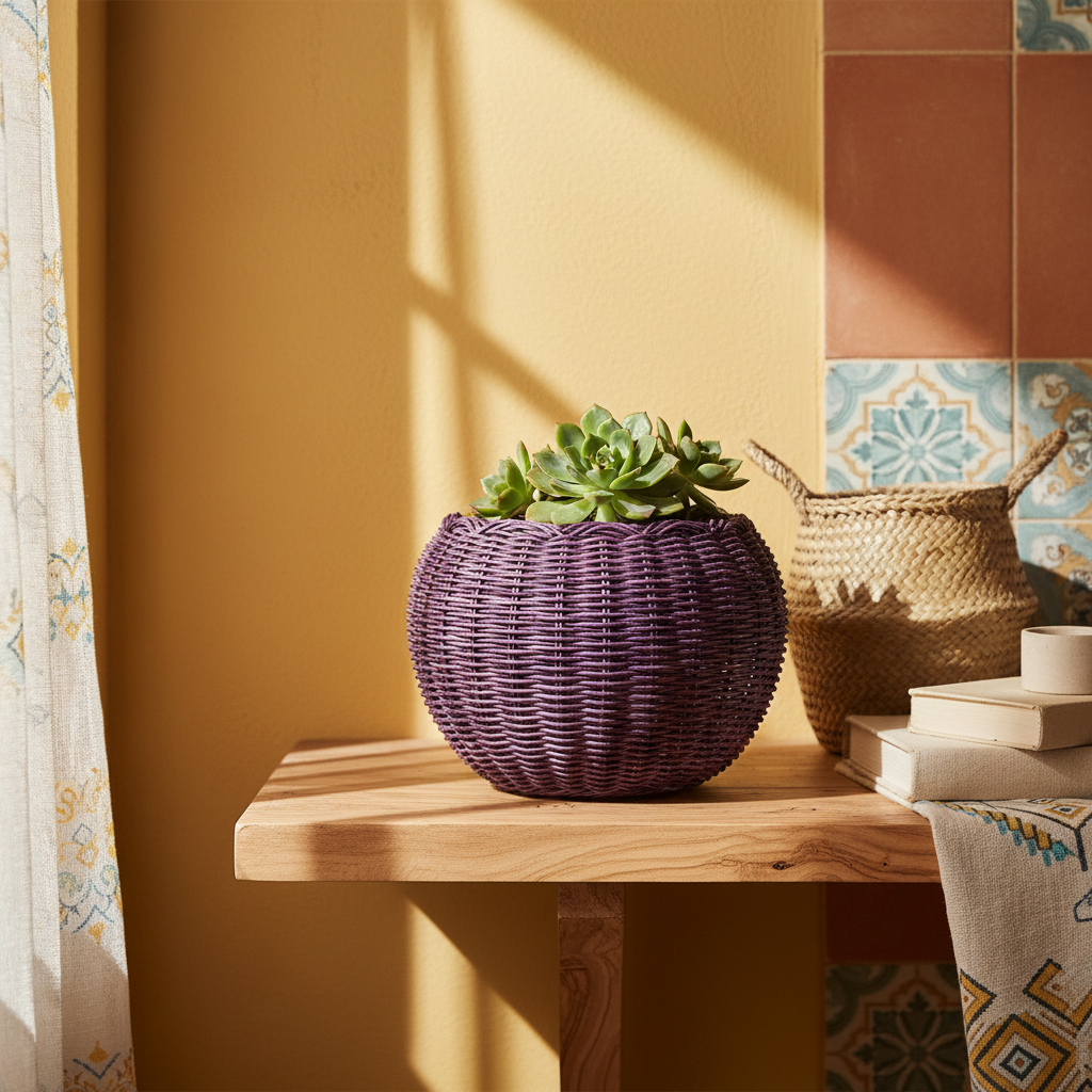 Rattan Retro Bloom Planter in purple — Mediterranean shelf lifestyle