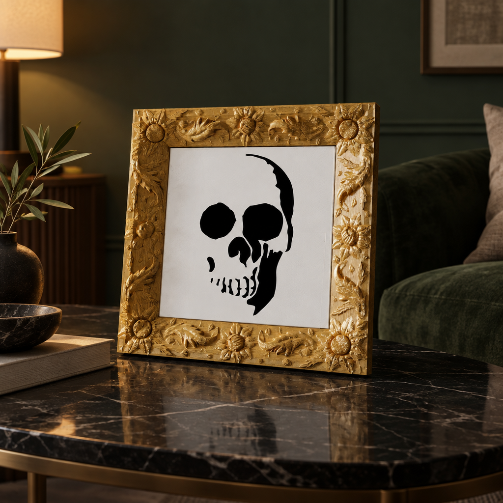 Picture Skull styled on a black marble coffee table