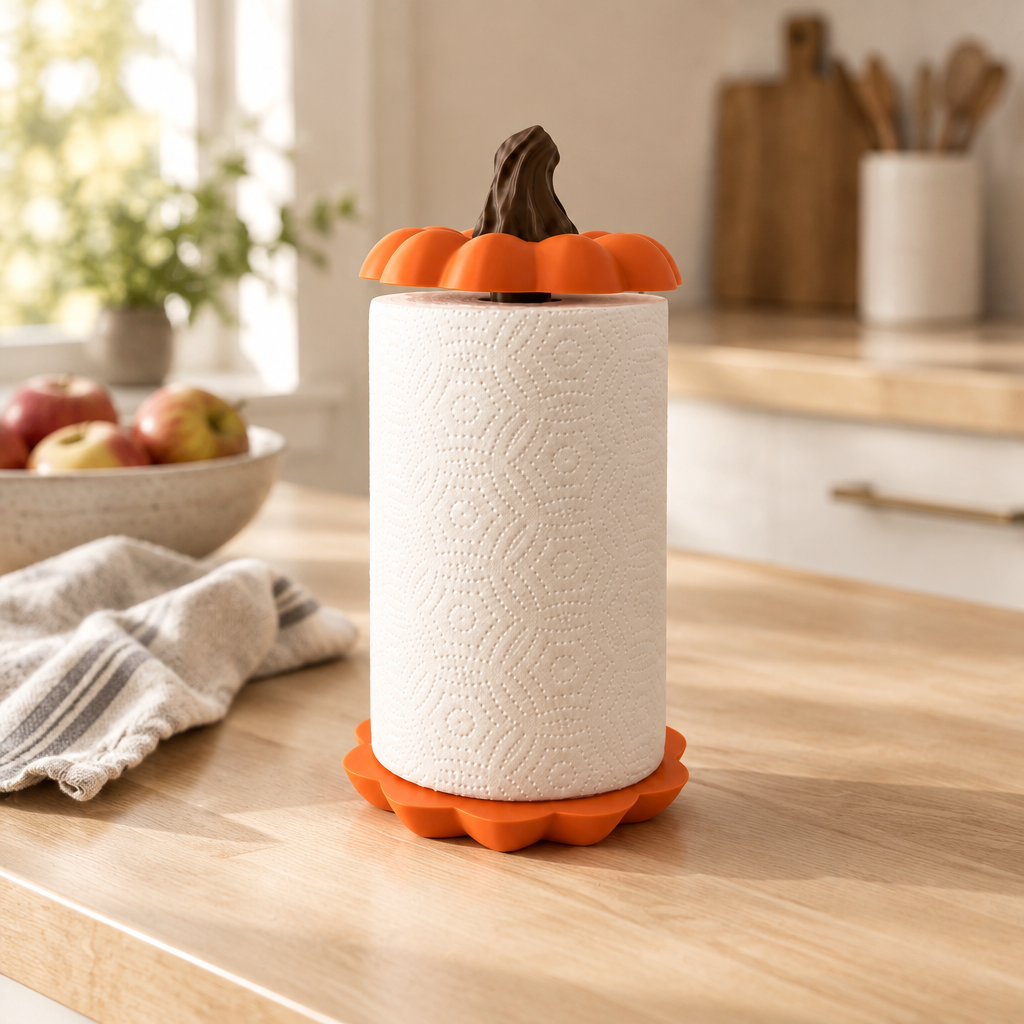 Pumpkin kitchen towel holder on a pale wood kitchen island