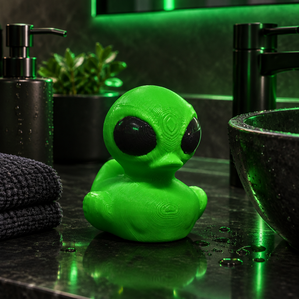 Bright green alien bath duck on a dark bathroom counter with green accent lighting