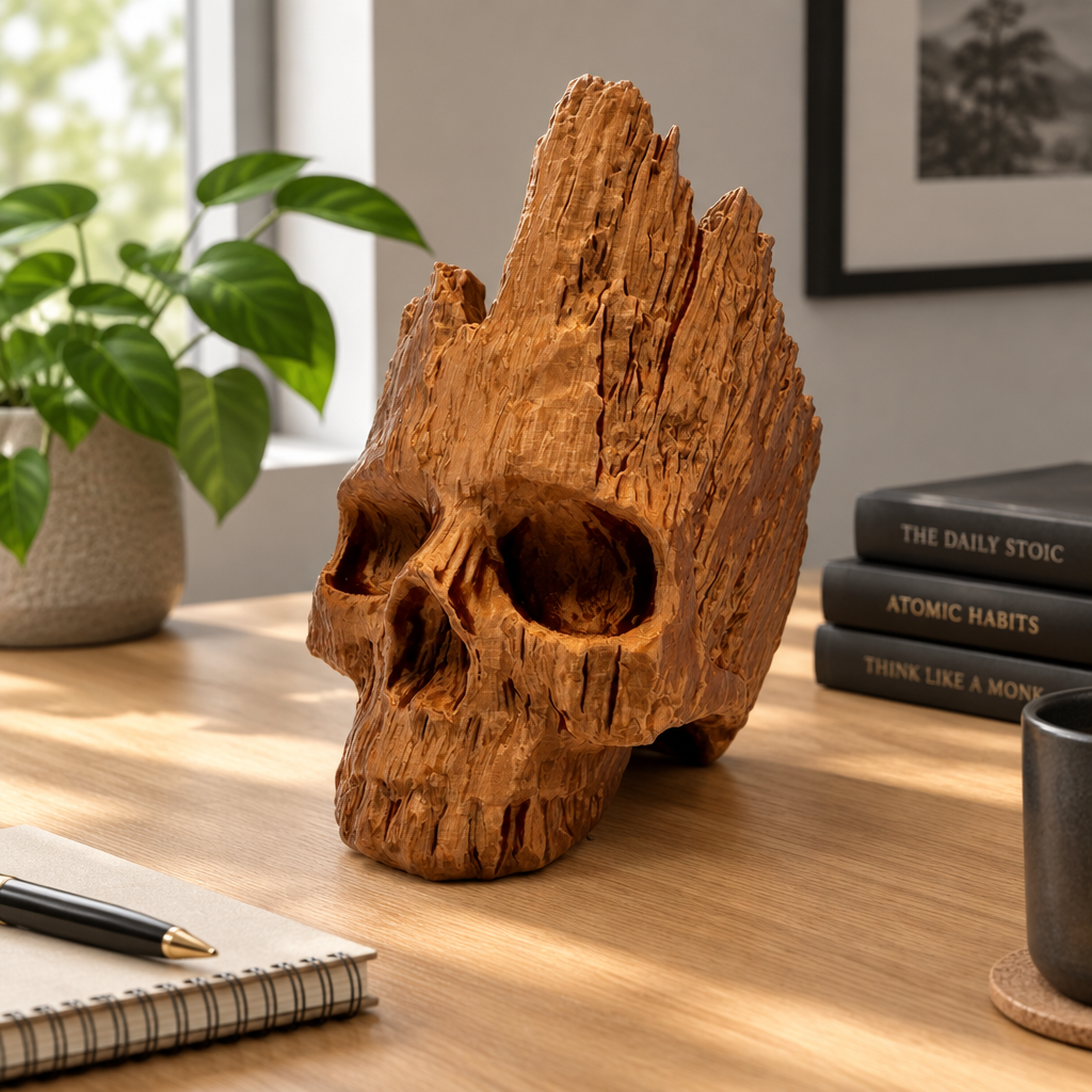 Brown wood-effect skull displayed on a light oak desk beside books