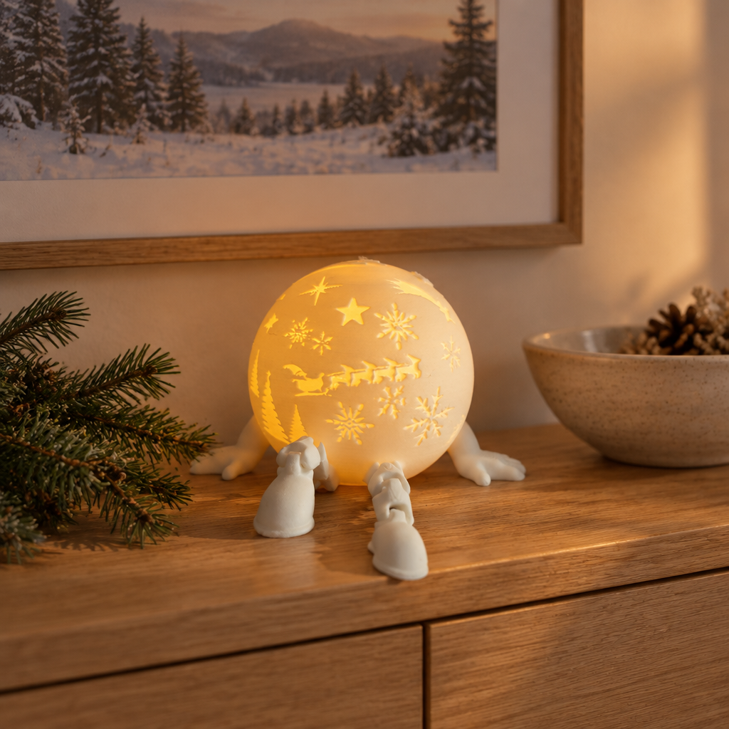 White snowflake globe tealight holder with short legs on a light oak entryway console