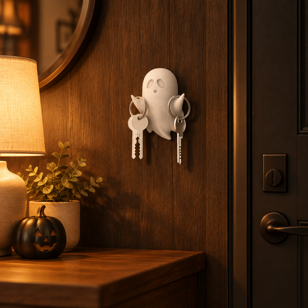 Ghost key holder on a wooden entryway wall with warm evening lighting